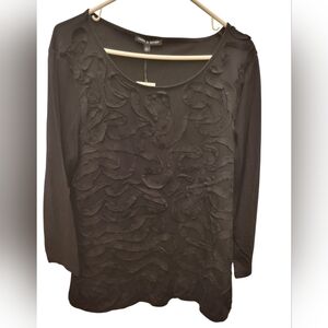 Embellished Cable & Gauge Black Long Sleeve Top with Textured Design